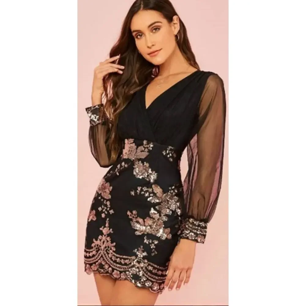 Shein black and gold floral sequined sheer sleeve dress Size medium Fairy Glam